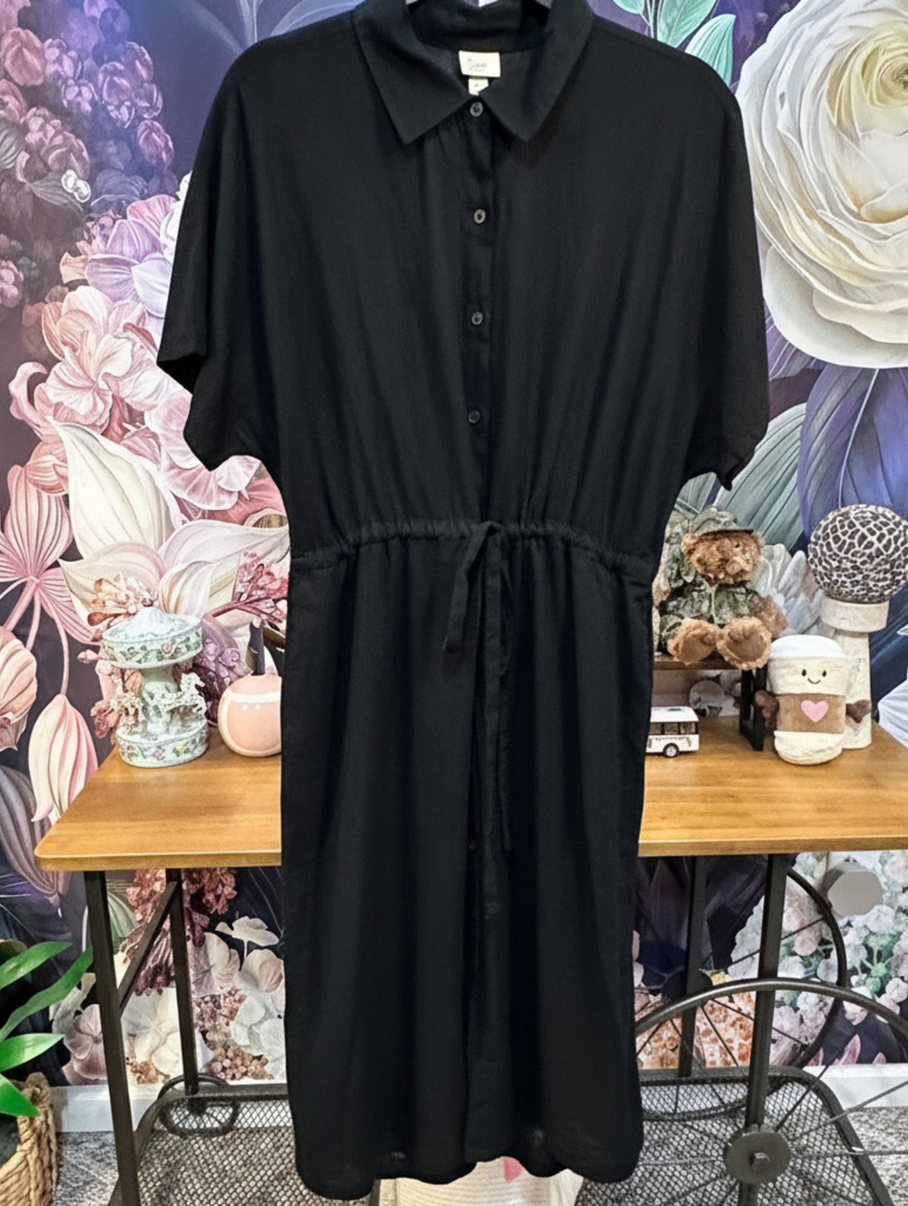 A New Day L Linen Blend Dress Drawstring Elastic Waist Minimalist Coastal Black